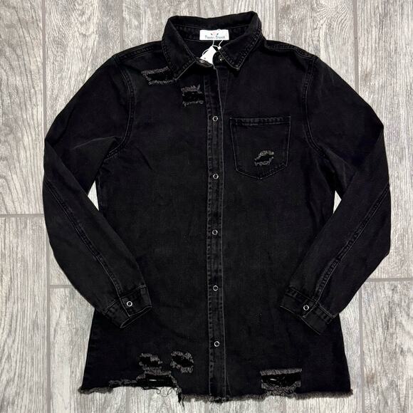 Papaya Branch Distressed Shacket‎ NWT Black size Medium Snap Front - Picture 14 of 16